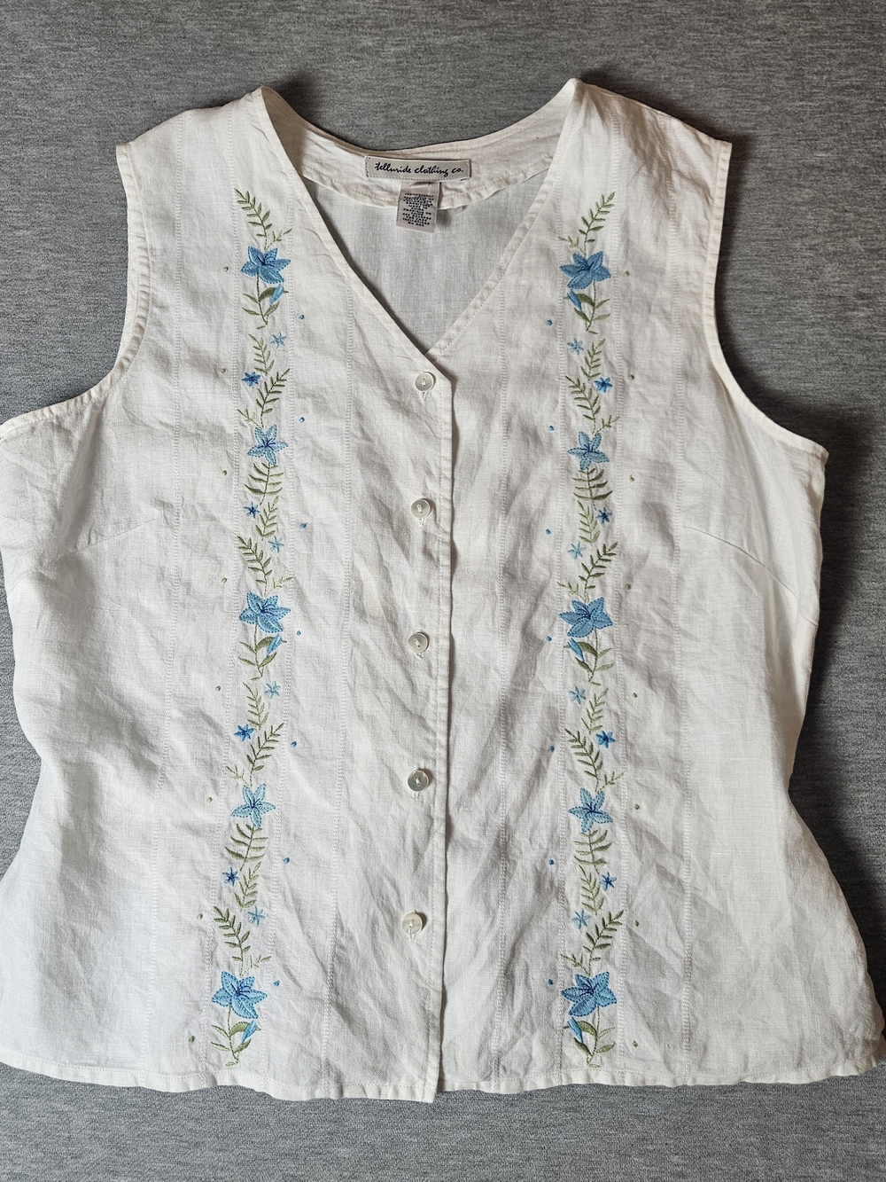 Vintage Sleeveless Telluride White Linen Top Blue Floral Embroidery size 10